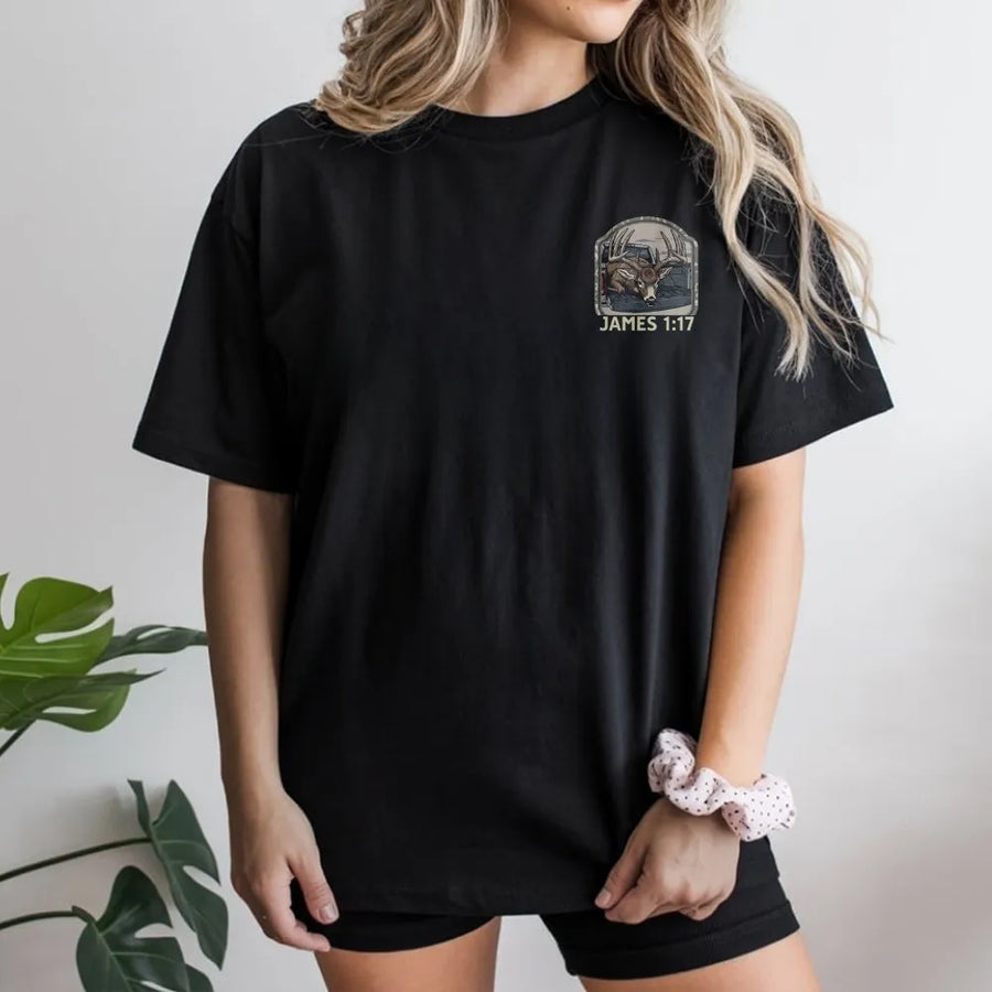 Christian Deer Hunting T-Shirt | James 1:17 Bible Verse Graphic | Soft Cotton Blend Sweatshirt | Faith Based Gift for Hunter