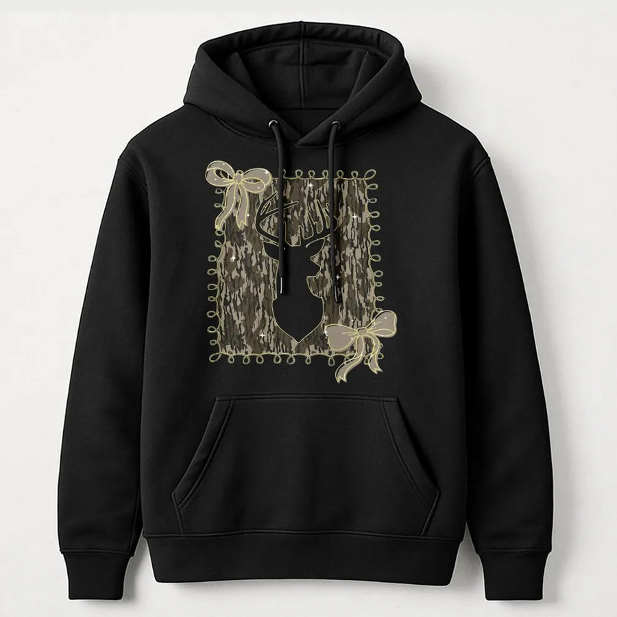 Camo Deer Head Hoodie | Bow Graphic Country Style | Premium Cotton Blend | Gift for Her Country Girl Hunting Fan