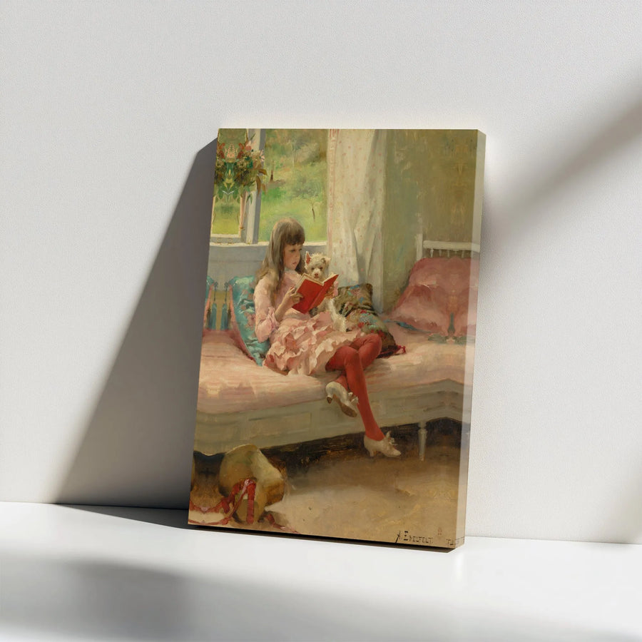 Girl Reading With Dog Canvas Wall Art | Albert Edelfelt Vintage Oil Painting Print | Premium Gallery Wrapped Decor | Classic Fine Art Gift