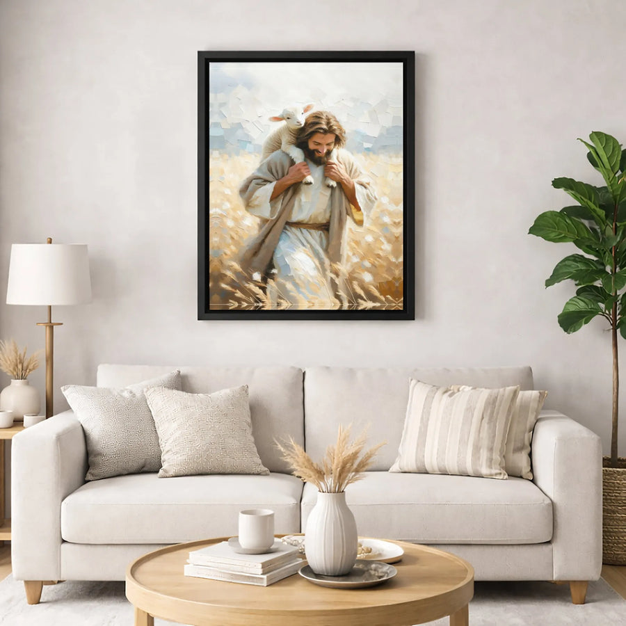 Jesus Carrying A Lamb Canvas Wall Art | Impressionist Oil Painting Style | Premium Gallery Wrap Print | Christian Home Decor & Religious Gift