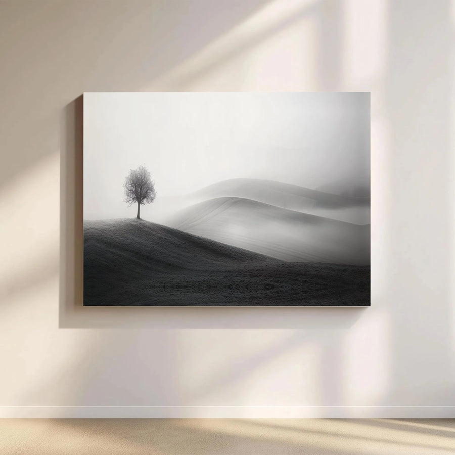 Minimalist Black and White Landscape Canvas | Solitary Tree Foggy Hill Art | Gallery Quality 1.25 inch Profile | Modern Home Office Decor Gift