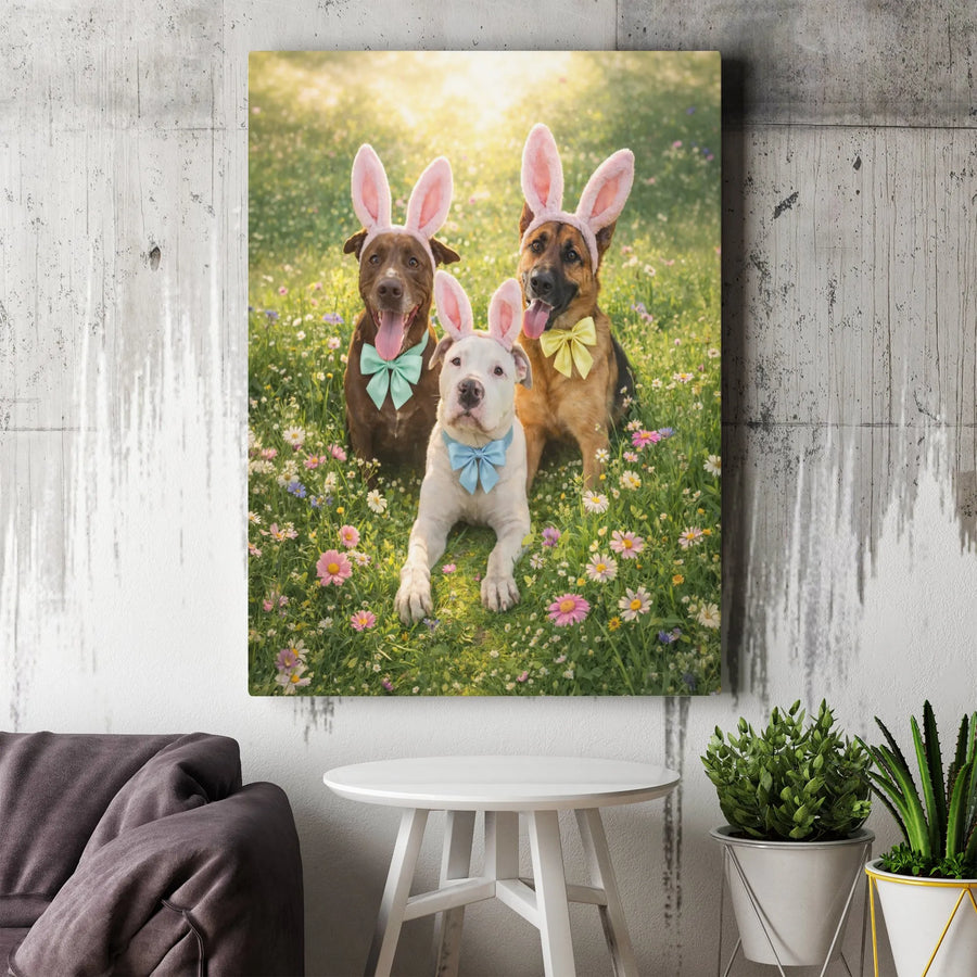 Easter Dogs Canvas Art | Pitbull German Shepherd with Bunny Ears | Premium Matte Canvas | Spring Holiday Home Decor Gift for Dog Lover