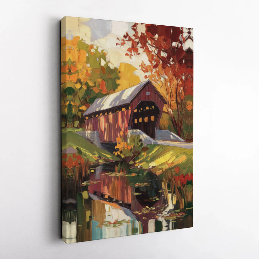 Autumn Covered Bridge Canvas Print | Impressionist Landscape Wall Art | Gallery Quality 1.25-Inch Profile | Rustic Seasonal Home Decor