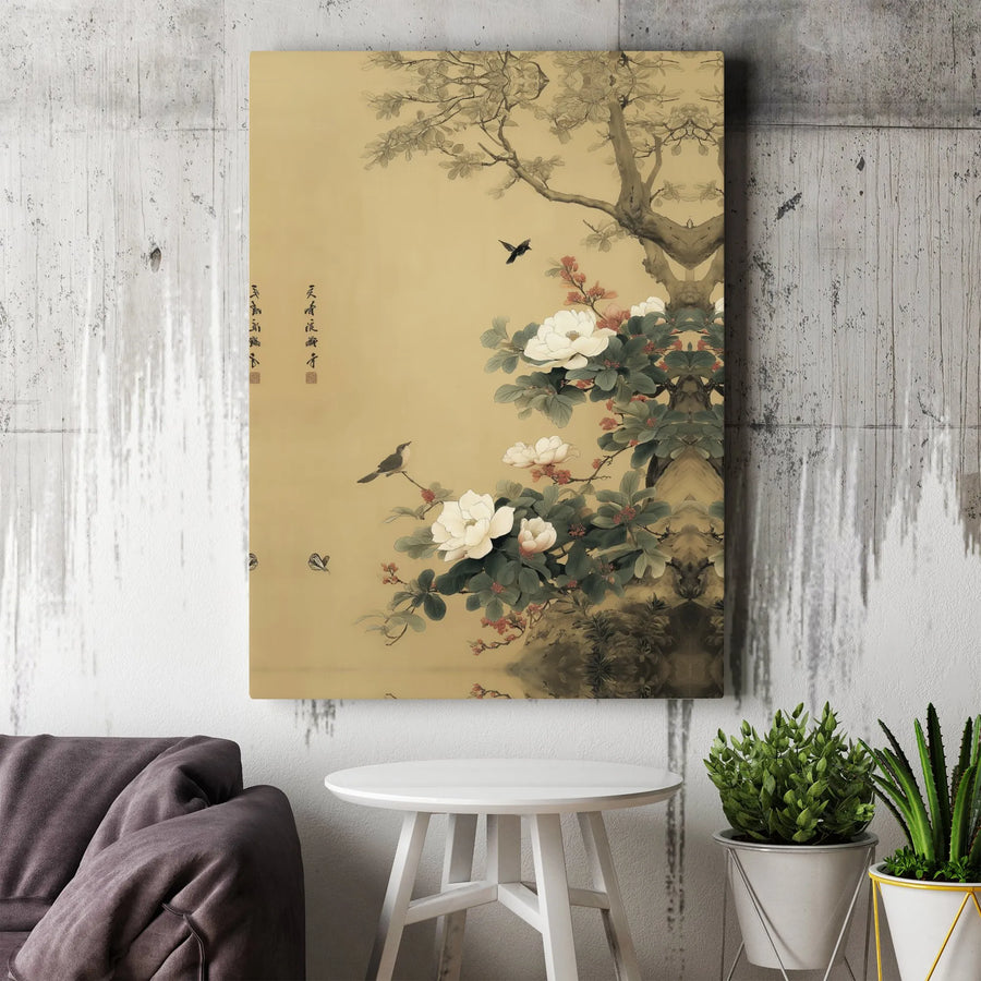 Traditional Chinese Floral Canvas Print | Minimalist Bird and Butterfly Wall Art | 1.25-inch Premium Gallery Wrap | Zen Home Decor Gift