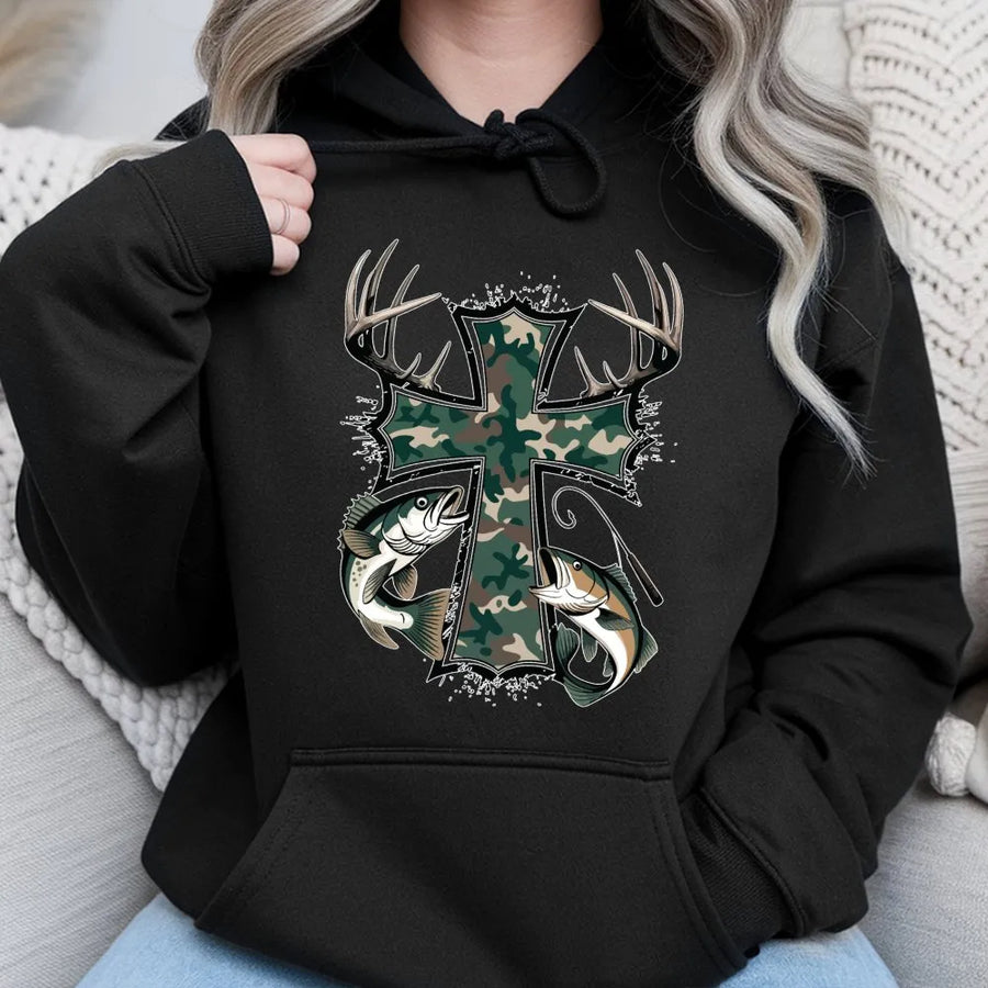 Camo Cross Hoodie | Deer Antler and Bass Fishing Graphic | Premium Cotton Blend | Gift for Outdoorsmen and Sportsmen