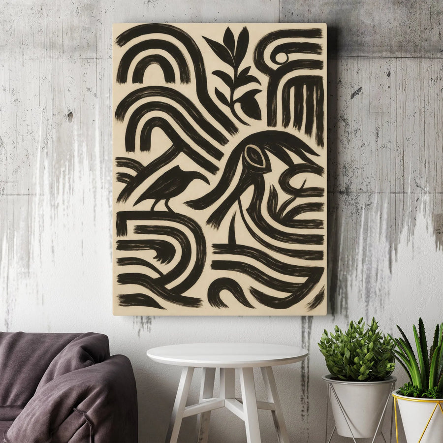 Abstract Bird and Face Wall Art | Minimalist Black and Beige Brushstroke Print | Gallery Quality 1.25 inch Canvas | Modern Home Decor Gift
