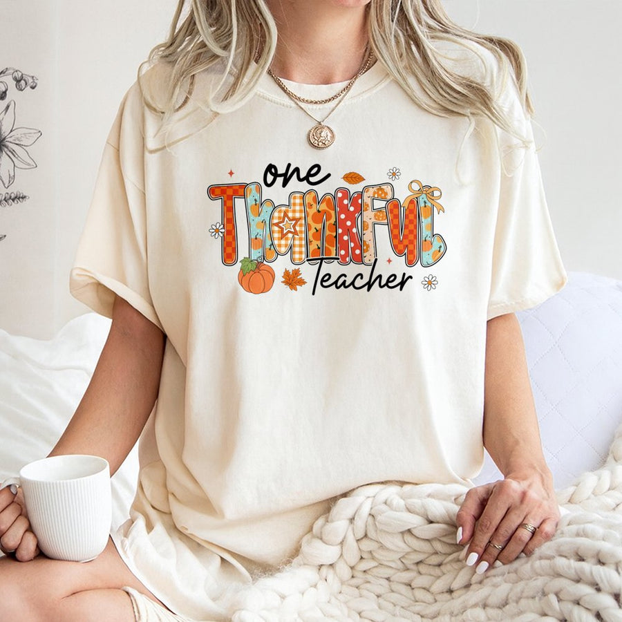 One Thankful Teacher T-Shirt | Fall Pumpkin Aesthetic Graphic Tee | 100% Cotton Premium Quality | Thanksgiving Gift For Teachers