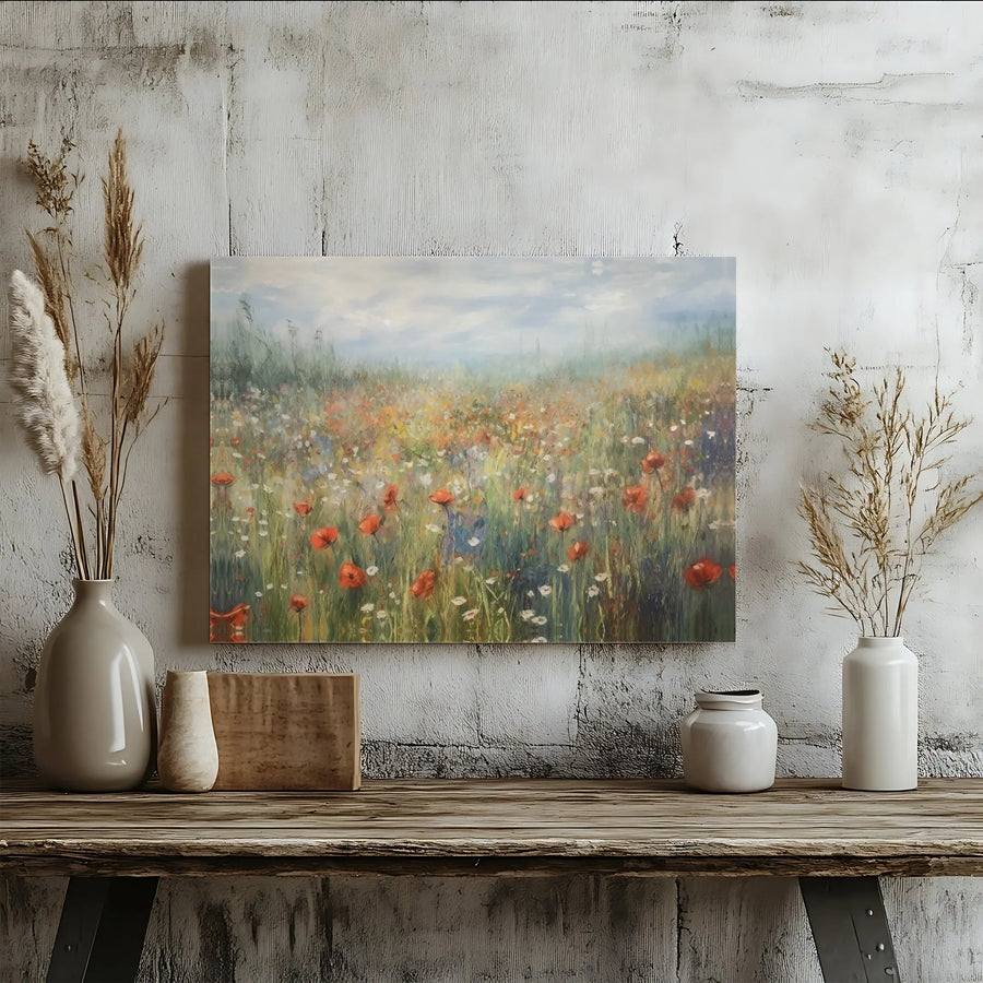 Wildflower Meadow Canvas Print | Impressionist Poppy Field Painting | Premium Stretched Canvas | Rustic Cottagecore Wall Decor Gift