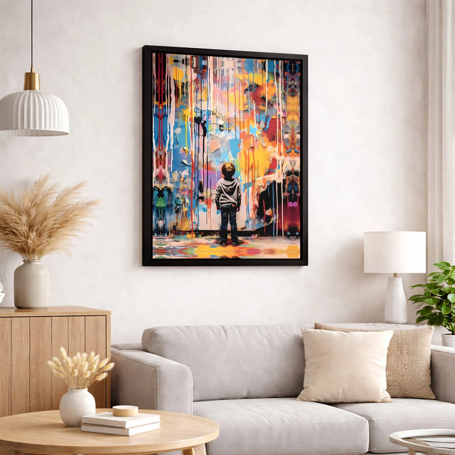 Abstract Street Art Canvas Print | Boy Gazing At Colorful Graffiti Wall | Premium Gallery Wrapped Decor | Modern Urban Gift For Kids Bedroom