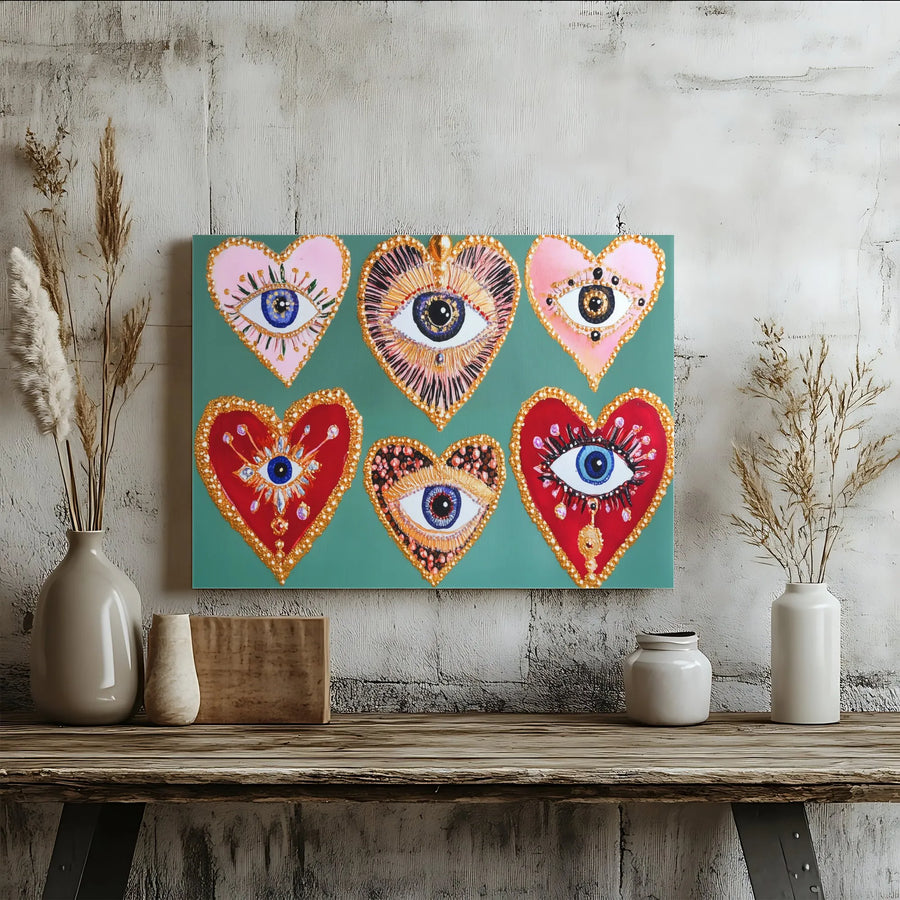 Evil Eye Heart Canvas Wall Art | Bohemian Mystic Hearts Print | Premium Gallery Wrapped Canvas | Spiritual Home Decor Gift for Living Room