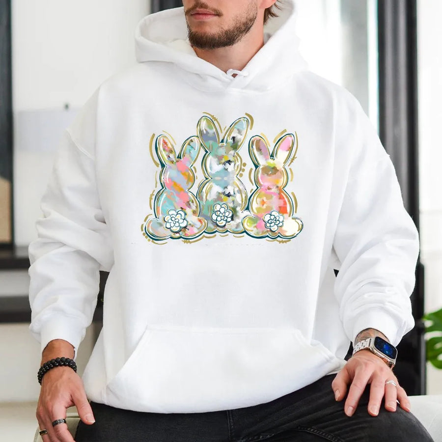 Easter Bunny Hoodie | Watercolor Brushstroke Trio Graphic | Soft Cotton Blend | Cute Spring Holiday Gift for Women & Teens