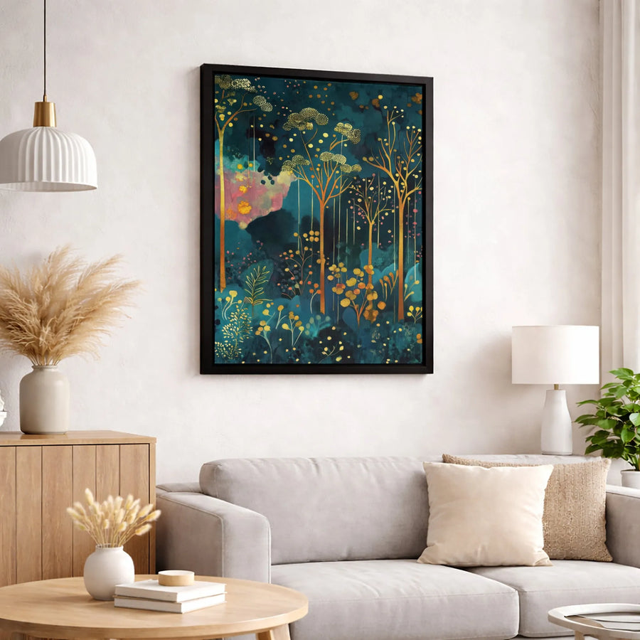 Abstract Teal And Gold Forest Canvas Print | Whimsical Golden Tree Wall Art | Premium Gallery-Wrapped 1.25" Profile | Modern Home Office Decor Gift