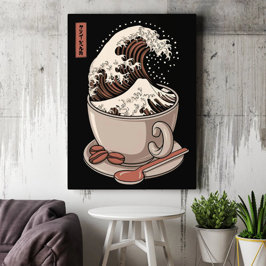Japanese Great Wave Coffee Canvas Art | Kanagawa Inspired Coffee Cup Print | Gallery Quality 1.25 Inch Canvas | Premium Decor for Coffee Lovers