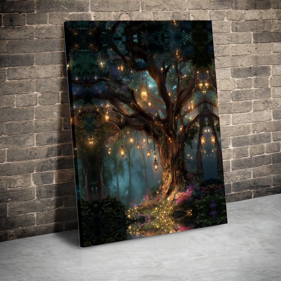 Enchanted Forest Canvas Print | Magical Tree with Glowing Lanterns | Premium High-Resolution Wall Art | Fantasy Home Decor Gift