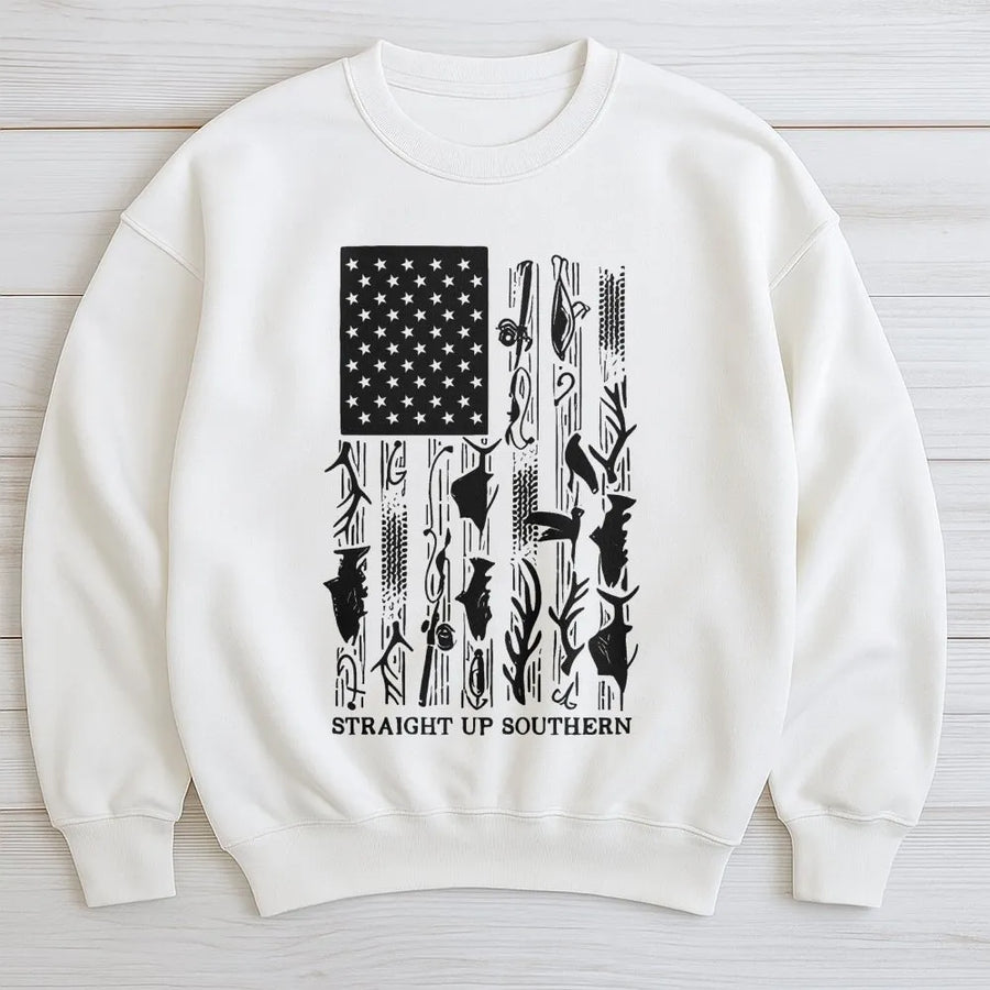 Hunting Fishing Flag Sweatshirt | Southern Outdoorsman American Flag Design | Premium Cotton Blend | Gift for Hunter