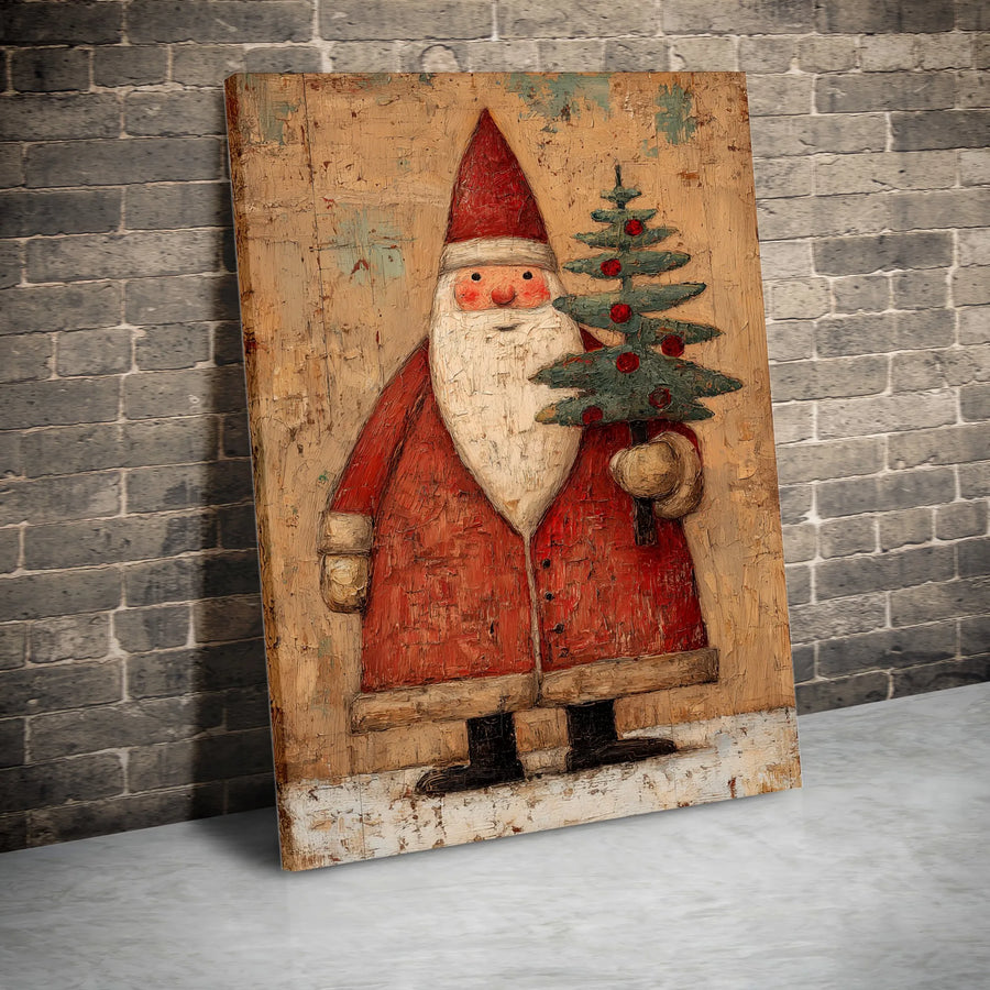 Rustic Folk Art Santa Claus Canvas | Vintage Distressed Christmas Wall Art | Gallery Wrapped Premium Print | Farmhouse Holiday Home Decor Gift