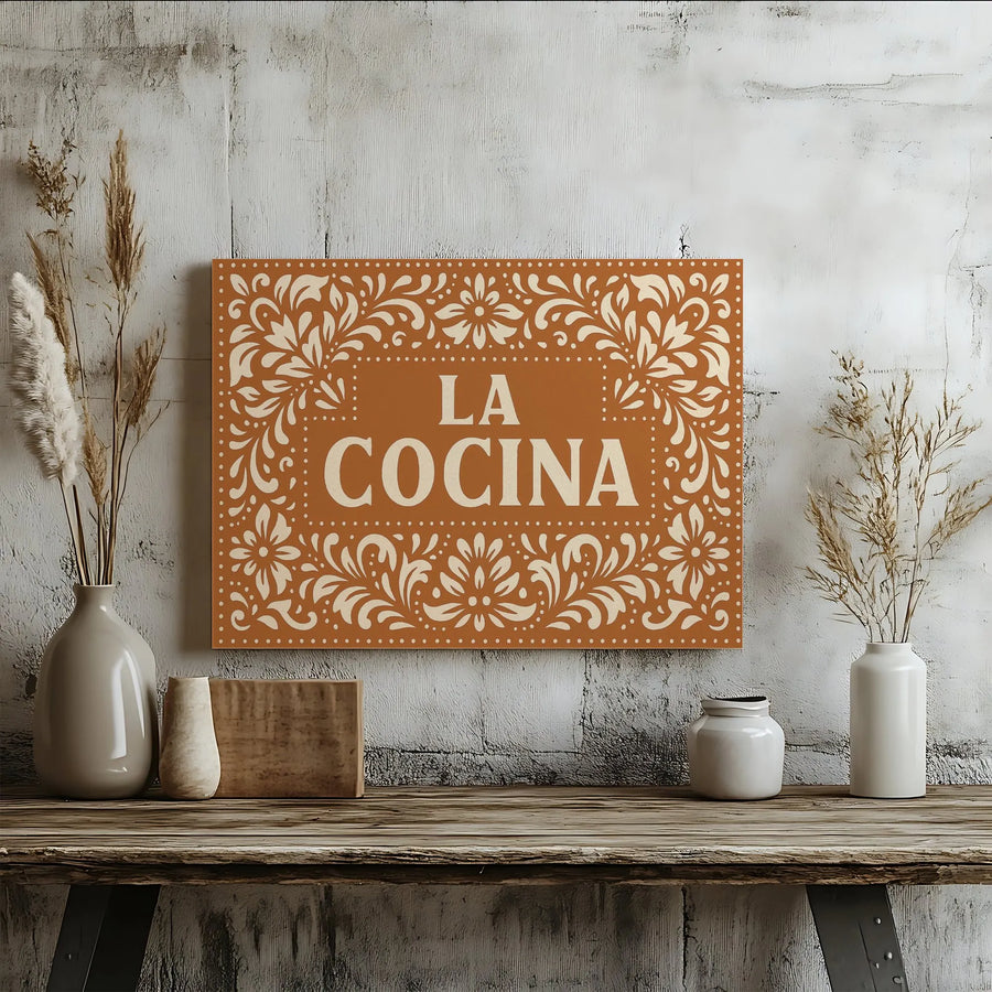 La Cocina Canvas Wall Art | Vintage Floral Folk Art Print | Premium Gallery Canvas | Rustic Spanish Kitchen Decor Gift