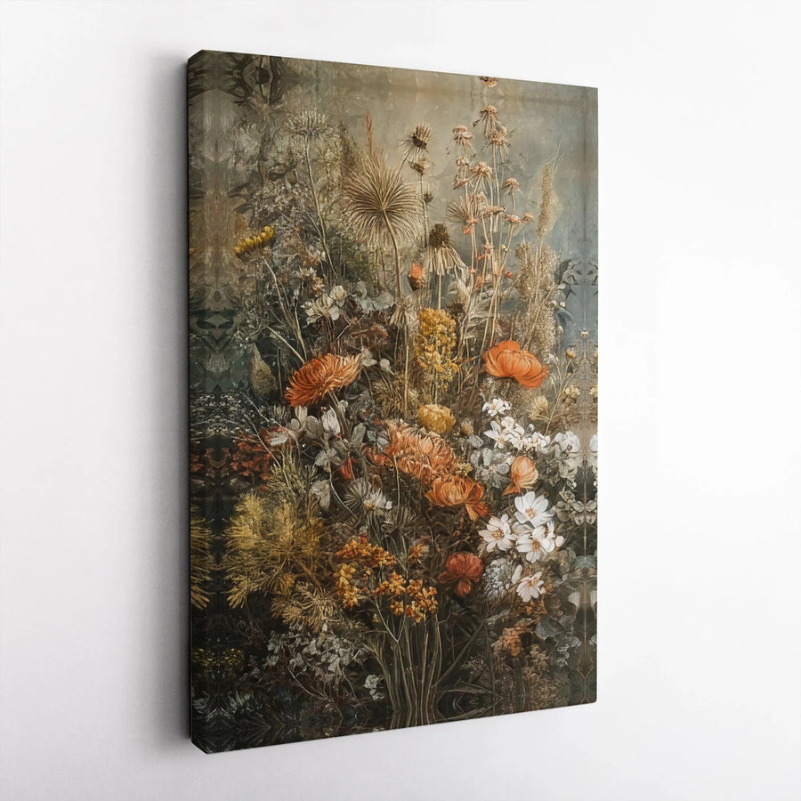 Vintage Moody Floral Canvas Wall Art | Wildflower Bouquet Oil Painting Style | Premium Fade-Resistant Gallery Print | Gift for Nature Lovers