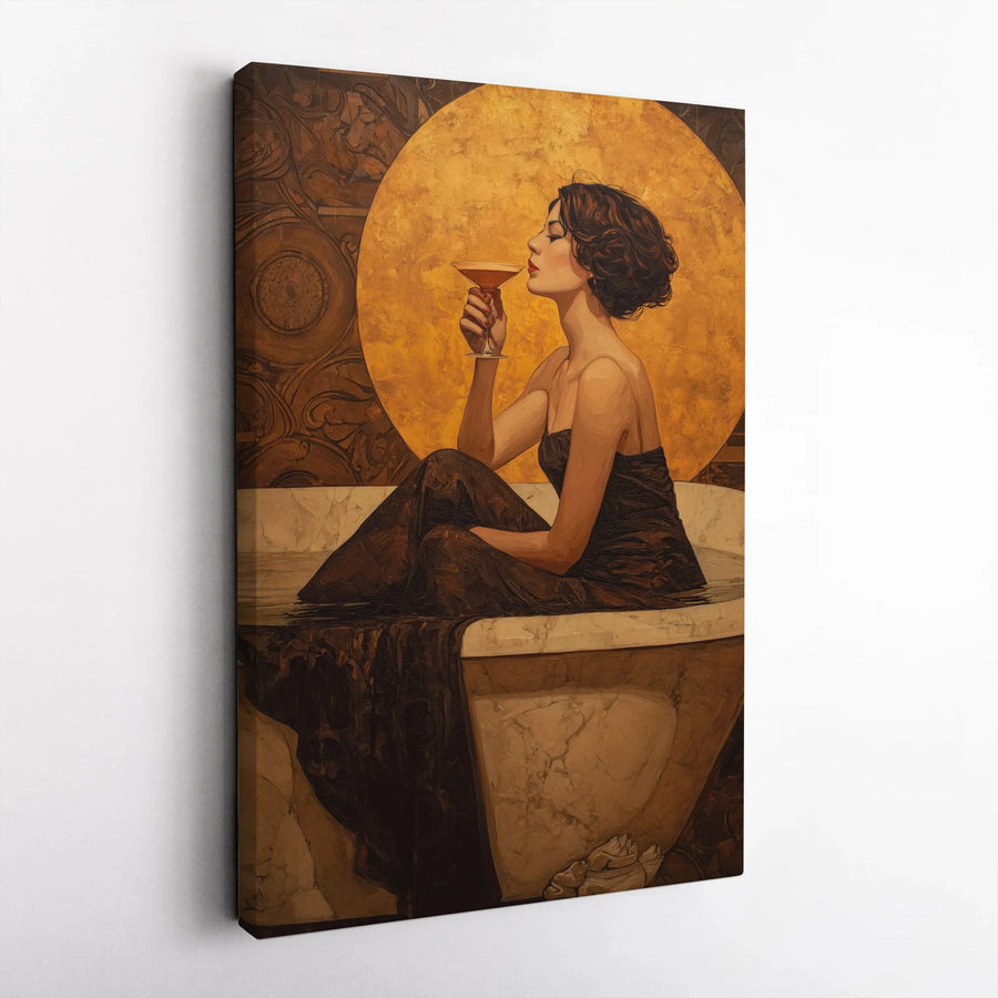 Art Deco Woman Bathing Canvas | Vintage Gold Cocktail Wall Art | Premium Gallery Wrapped Print | Elegant Bedroom Bathroom Decor
