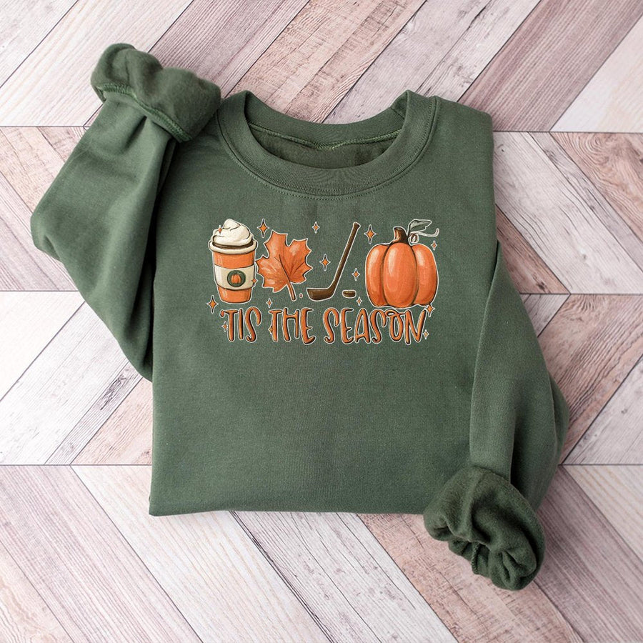 Hockey Mom Sweatshirt | Tis The Season Fall Pumpkin Hockey Stick Graphic | Soft Cotton Blend Pullover | Cute Sports Gift For Her