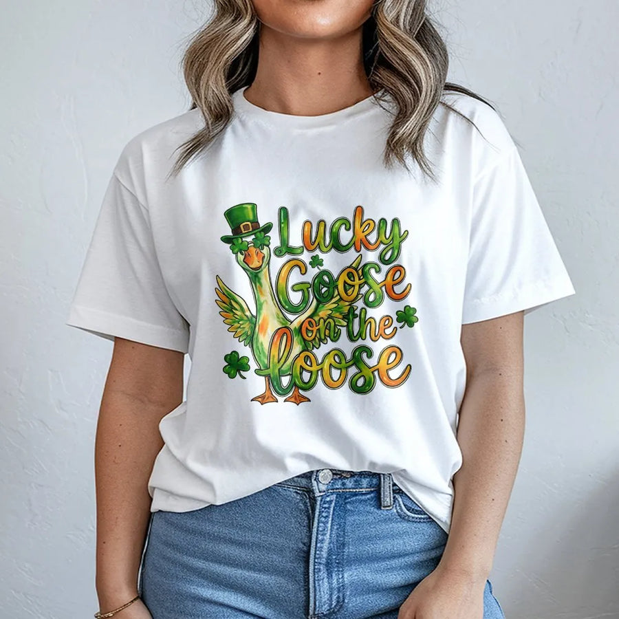 Lucky Goose On The Loose T-Shirt | Funny St. Patrick’s Day Leprechaun Graphic | 100% Cotton Premium Tee | Shamrock Apparel Gift For Men And Women
