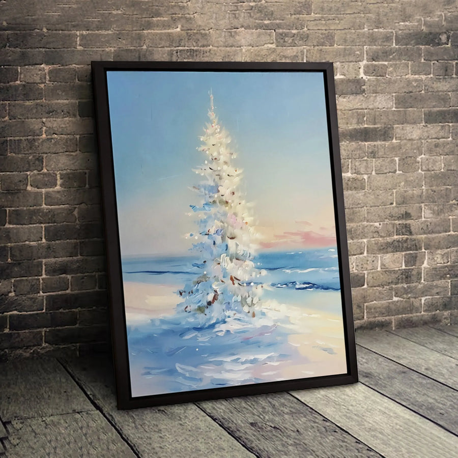 White Christmas Tree Canvas Wall Art | Impressionist Snowy Beach Print | Gallery-Quality Premium Decor | Coastal Holiday Gift for Home