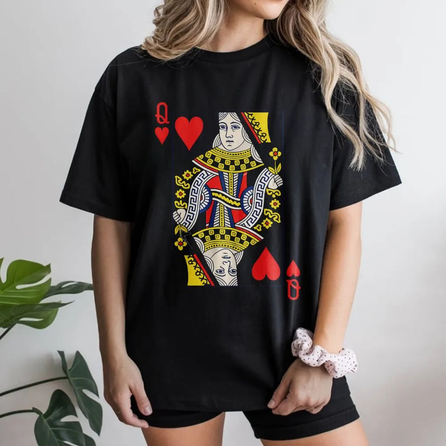 Queen Of Hearts Graphic T-Shirt | Retro Playing Card Design | 100% Cotton Premium Tee | Unique Gift For Poker Players And Gamers