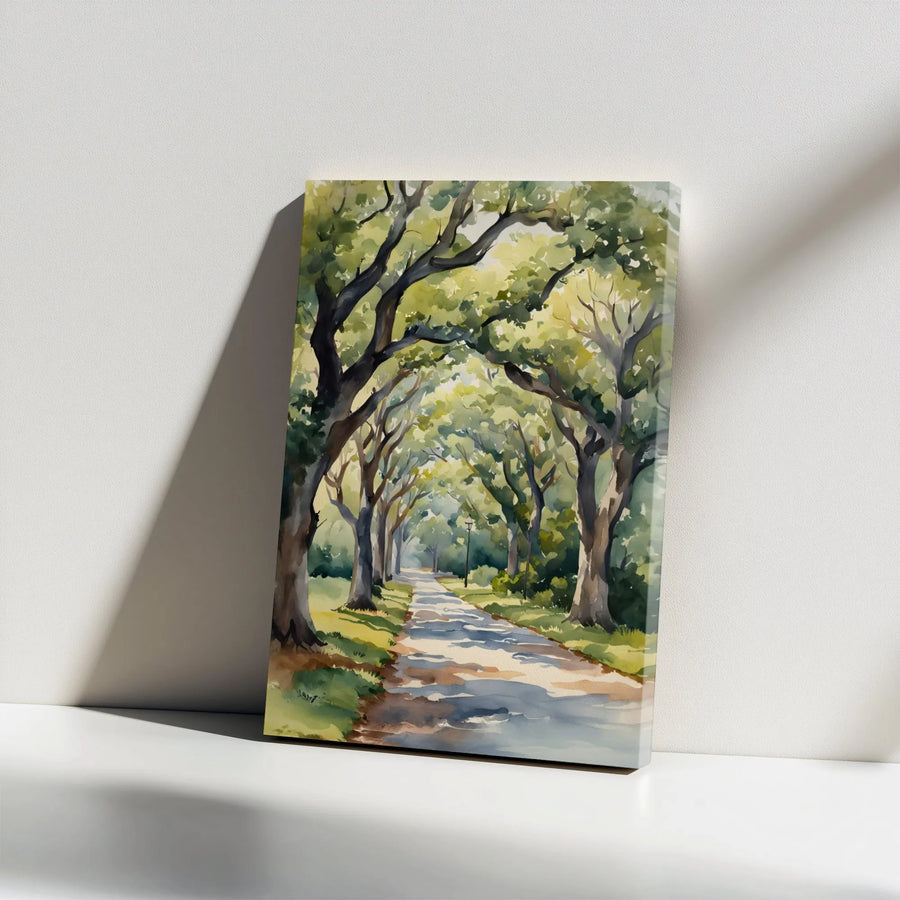 Tree Lined Avenue Canvas Art | Sun Dappled Watercolor Landscape | Premium 1.25 Inch Gallery Wrap | Peaceful Nature Wall Decor for Living Room