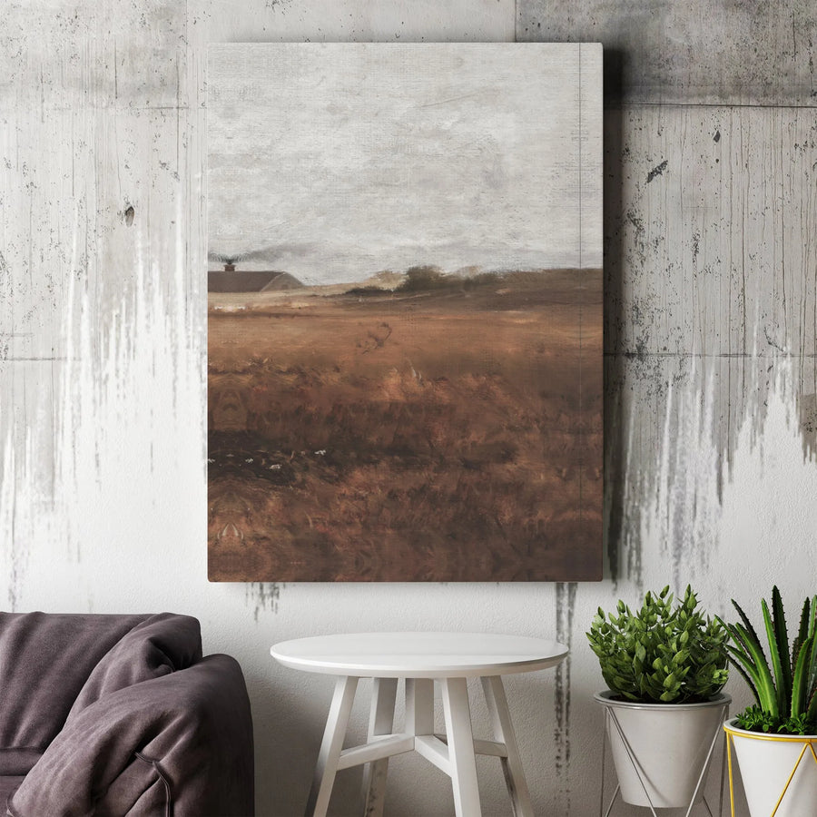 Impressionist Farmhouse Landscape Canvas Wall Art | Rustic Rural Field Print | Gallery Quality 1.25" Profile | Neutral Home Decor