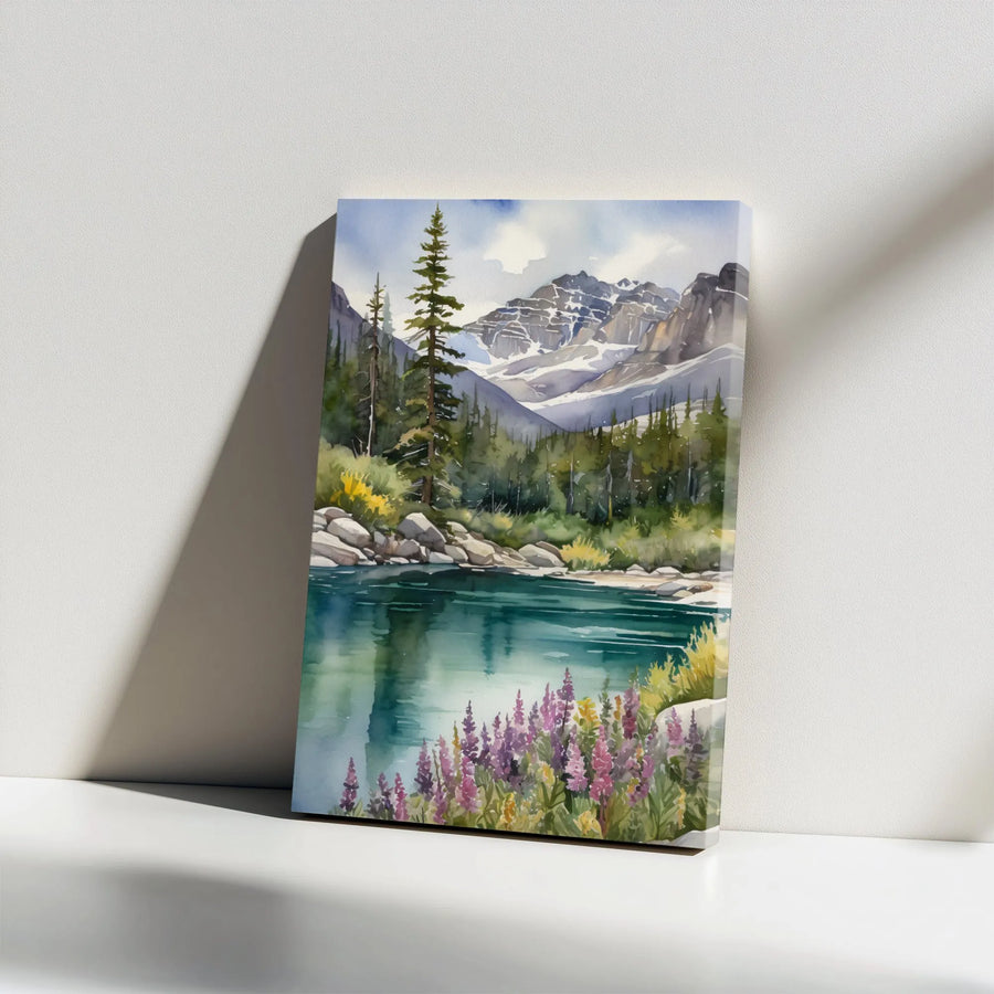 Mountain Landscape Canvas Print | Watercolor River & Pine Forest Scene | Premium Gallery Wrapped Wall Art | Nature Lover Gift for Cabin Decor