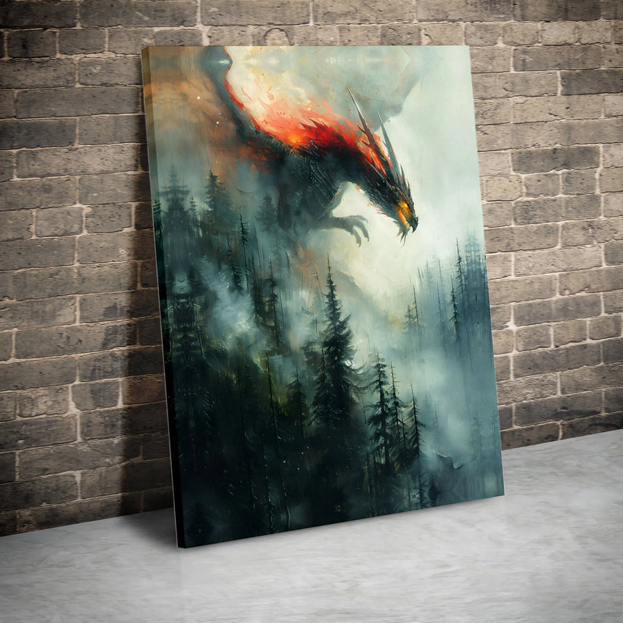 Fiery Dragon Wall Art | Misty Forest Fantasy Landscape | Premium 1.25-Inch Gallery Canvas | Epic Mythical Creature Decor for Home or Office