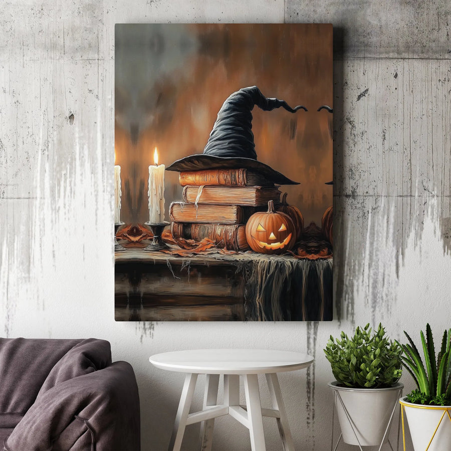 Spooky Witch Hat Canvas Art | Vintage Halloween Book Stack Print | Premium Gallery Wrapped Wall Decor | Whimsical Fall Seasonal Gift for Book Lovers