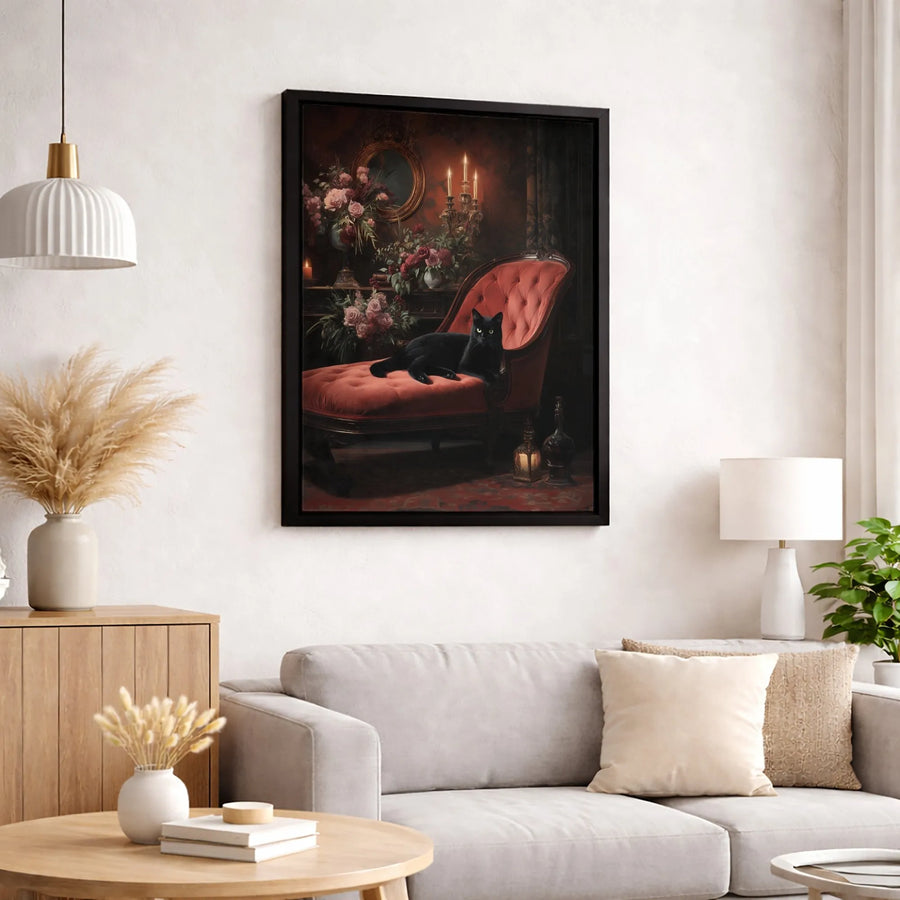 Black Cat Wall Art | Moody Victorian Gothic Portrait on Velvet Chaise | Premium Gallery Canvas | Dark Academia Home Decor Gift