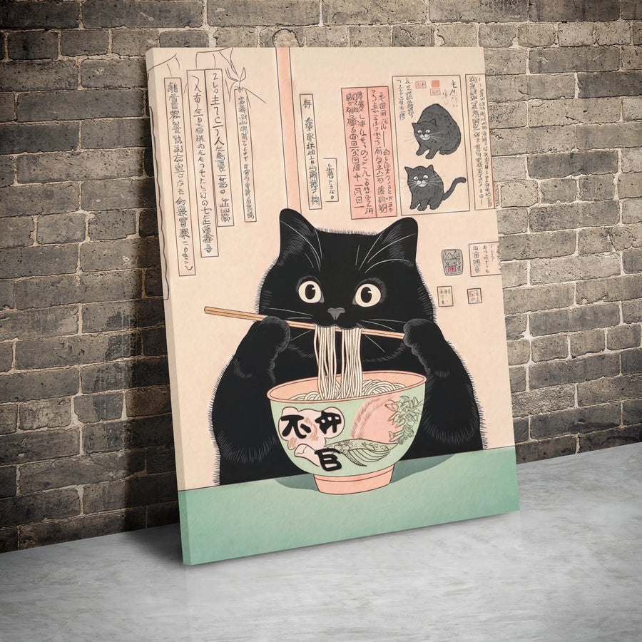 Black Cat Eating Ramen Canvas Print | Japanese Ukiyo-E Wall Art | Premium Gallery-Wrap Decor | Quirky Cat Lover Gift