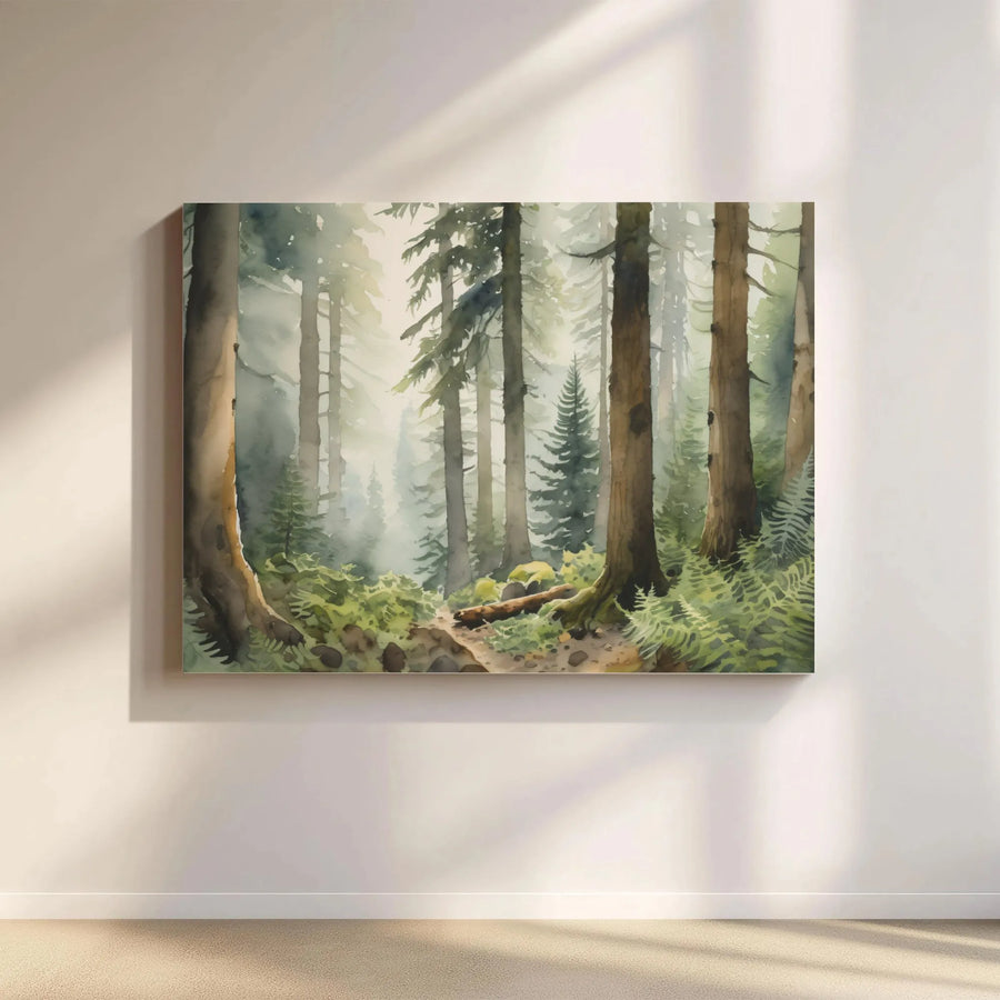 Misty Forest Landscape Canvas Wall Art | Watercolor Pine Tree Nature Print | Premium Gallery-Wrapped Decor | Calming Gift for Home or Office