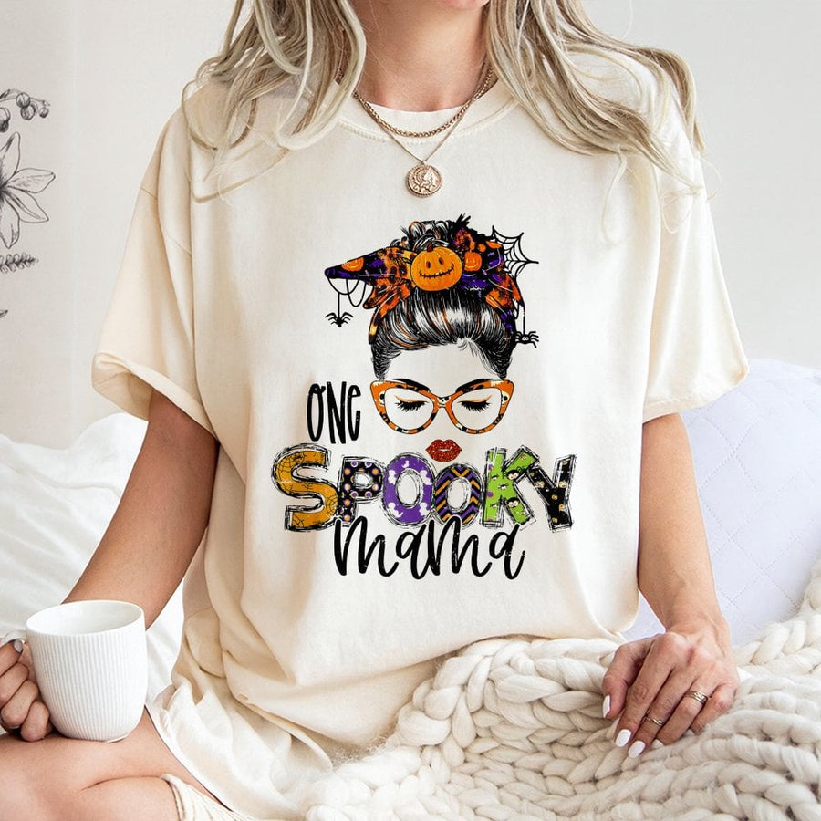 One Spooky Mama T-Shirt | Halloween Pumpkin Messy Bun Graphic | 100% Premium Cotton | Cute Autumn Gift For Mom