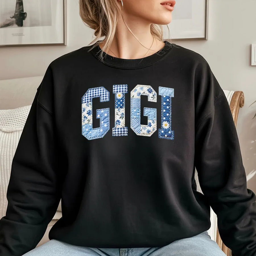 Gigi Sweatshirt | Blue Patchwork Faux Appliqué Letters | Soft Cotton Tee | Mothers Day Gift for New Grandma