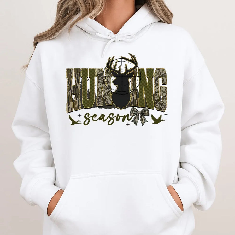 Hunting Season Hoodie | Camo Deer Antlers & Duck Graphic | Premium Cotton Blend | Gift For Her Outdoors Enthusiast