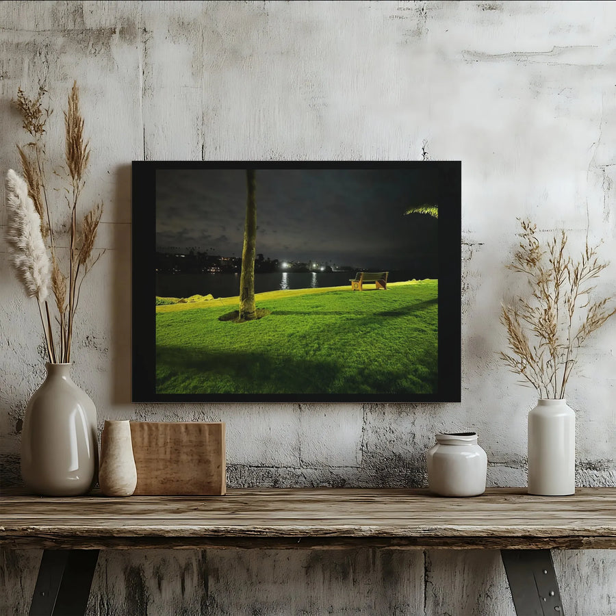 Nighttime Park Canvas Print | Glowing Palm Tree and Bench Landscape | Premium Gallery Wrap Wall Art | Peaceful Coastal Home Decor Gift