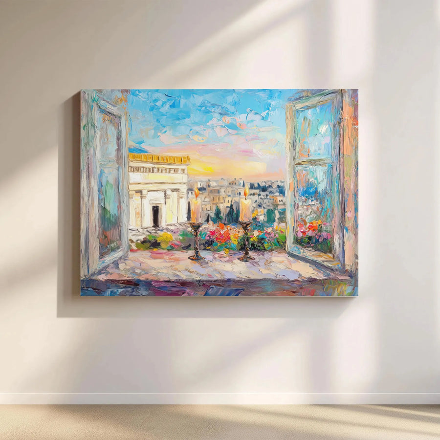 Jerusalem Wall Art | Impressionist Window View with Candles | Premium Gallery Wrap Canvas | Spiritual Home Decor Gift
