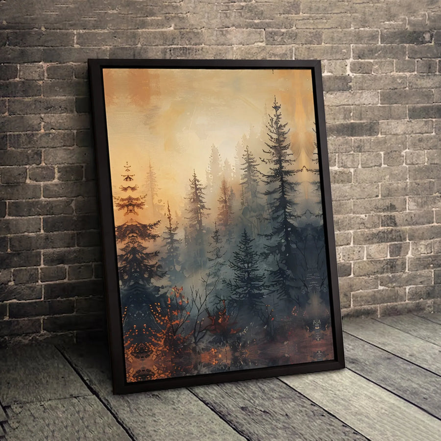 Misty Pine Forest Wall Art | Watercolor Sunrise Landscape Canvas | Premium Fade-Resistant Print | Nature Inspired Modern Home Decor