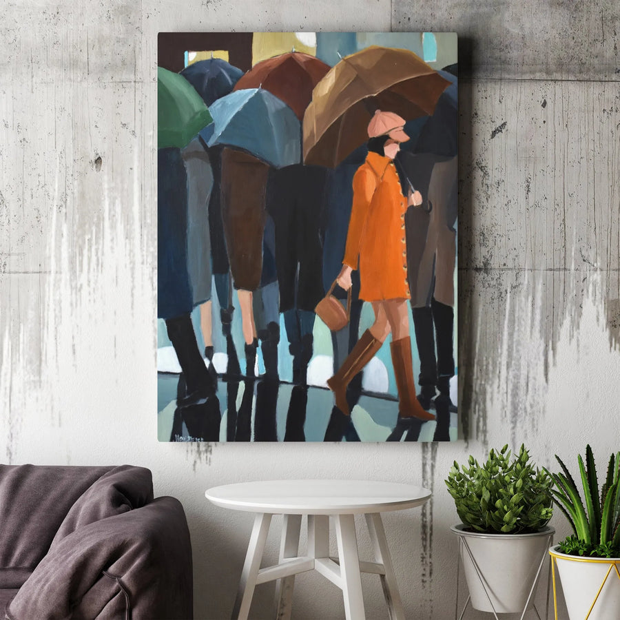 Rainy Day Painting Vertical Canvas | Abstract Cityscape with Umbrellas | Premium Gallery Wrap | Modern Office & Home Decor Gift