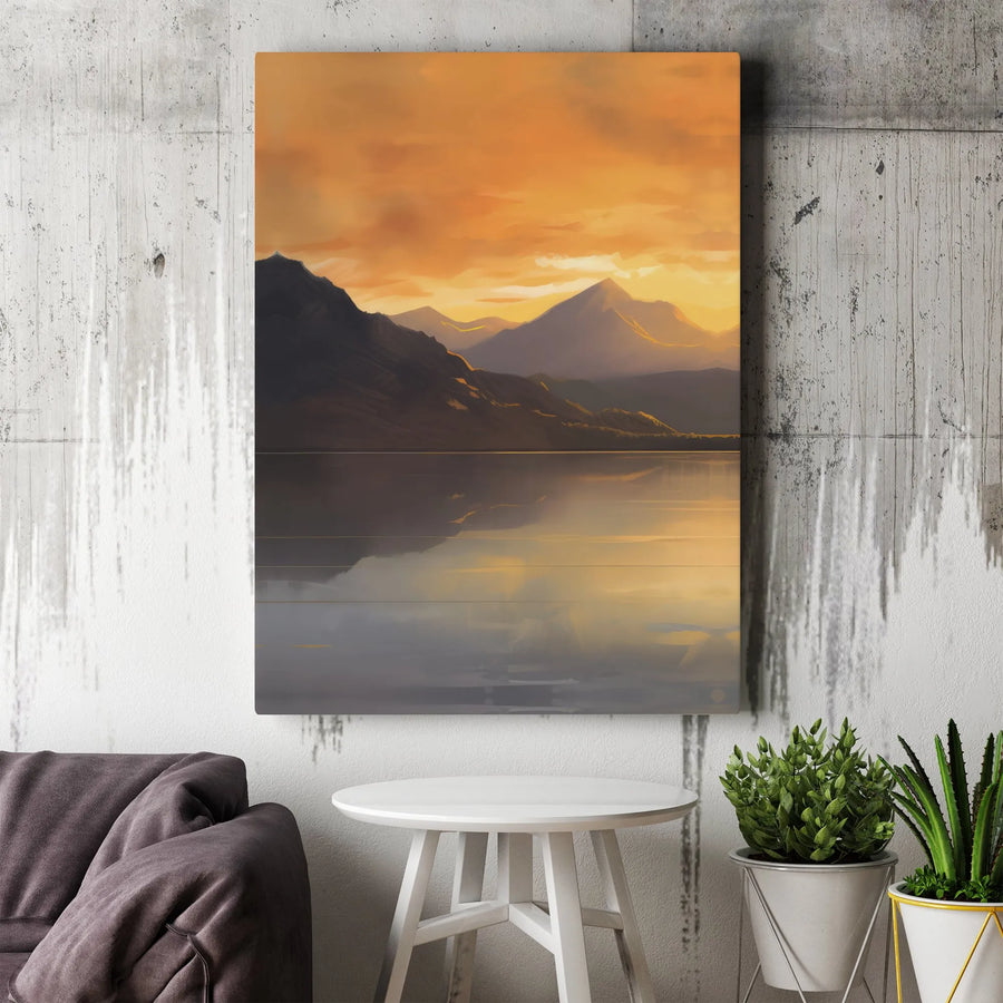 Mountain Lake Canvas Wall Art | Golden Sunset Landscape Painting | Premium Gallery Wrap Print | Modern Living Room Home Decor Gift