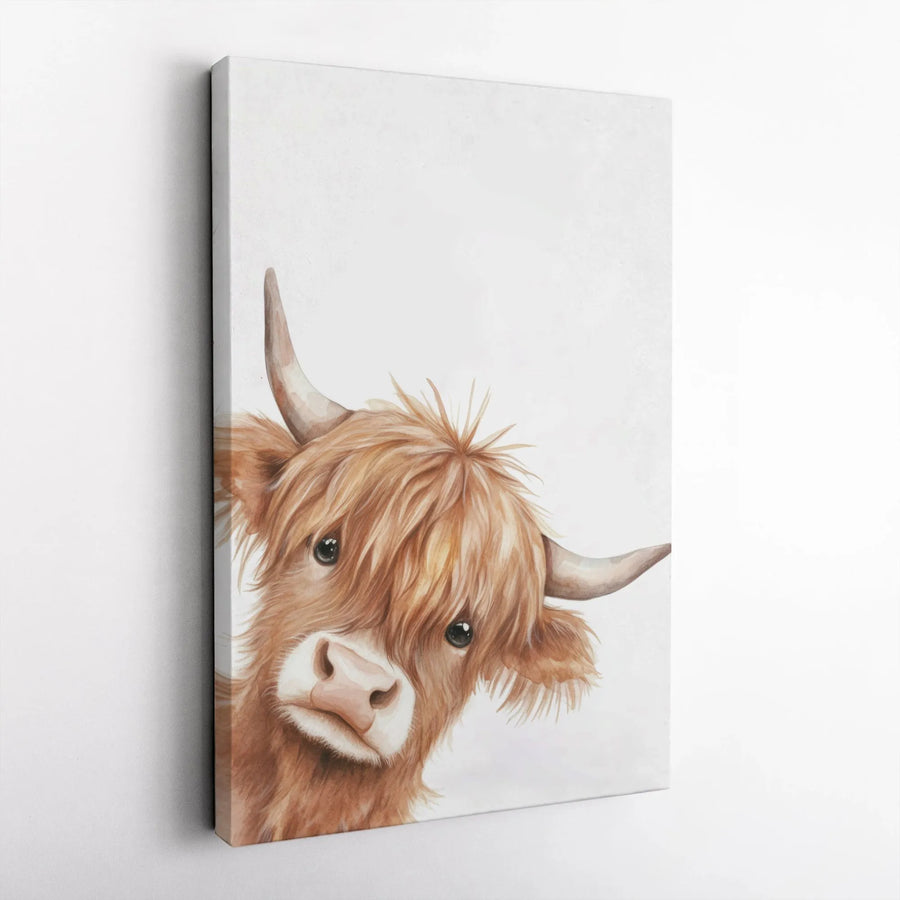 Highland Cow Canvas Wall Art | Watercolor Peeking Cattle Portrait | Premium Gallery Wrap Print | Farmhouse Nursery Decor & Country Gift
