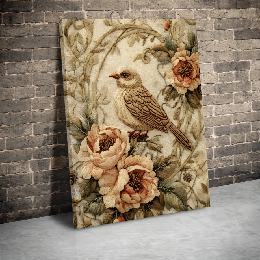 Vintage Bird & Peony Canvas Art | Textured Embroidered Look Print | Premium Gallery Wrap Canvas | Cottagecore Farmhouse Wall Decor Gift