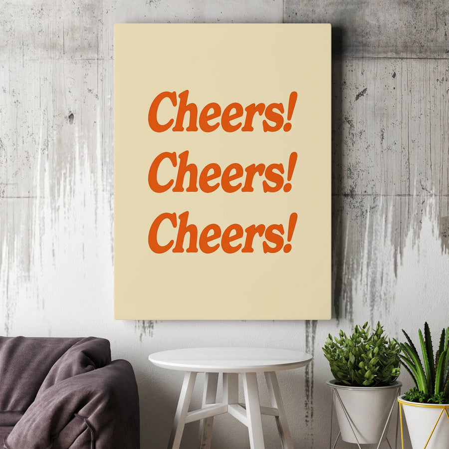 Cheers Wall Art Canvas | Retro Typography Print | Premium Gallery Wrap Decor | Bar Cart Kitchen Gift for Home