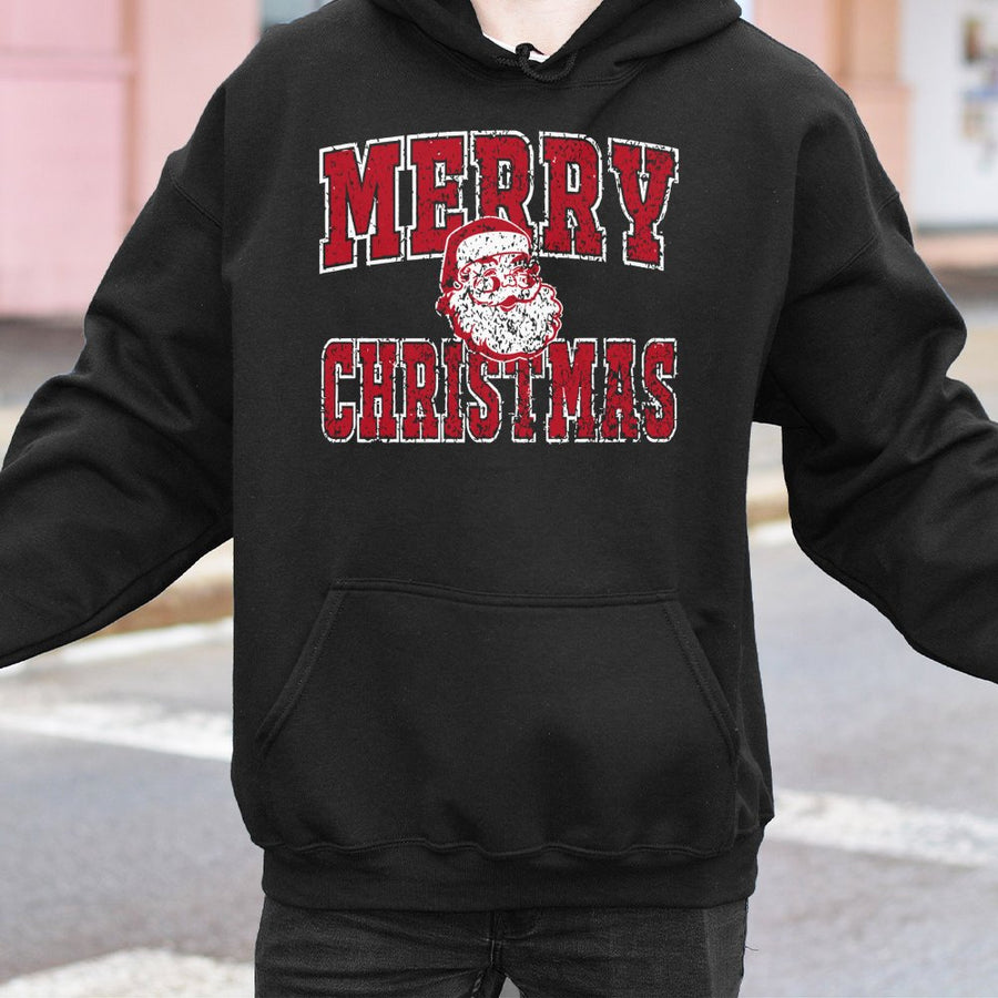 Merry Christmas Santa Hoodie | Vintage Red Distressed Graphic | Premium Cotton-Poly Blend | Festive Holiday Gift for Women and Men