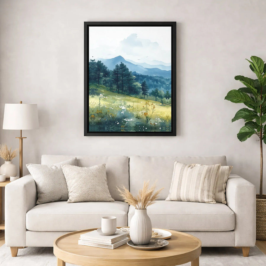 Watercolor Mountain Landscape Canvas | Wildflower Meadow Pine Forest Wall Art | Premium 1.25-Inch Gallery Wrap | Nature Home Decor Gift