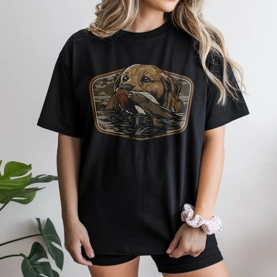 Duck Hunting T-Shirt | Labrador Retriever Fetching Mallard Graphic | 100% Cotton Premium Tee | Outdoor Wildlife Gift For Hunters