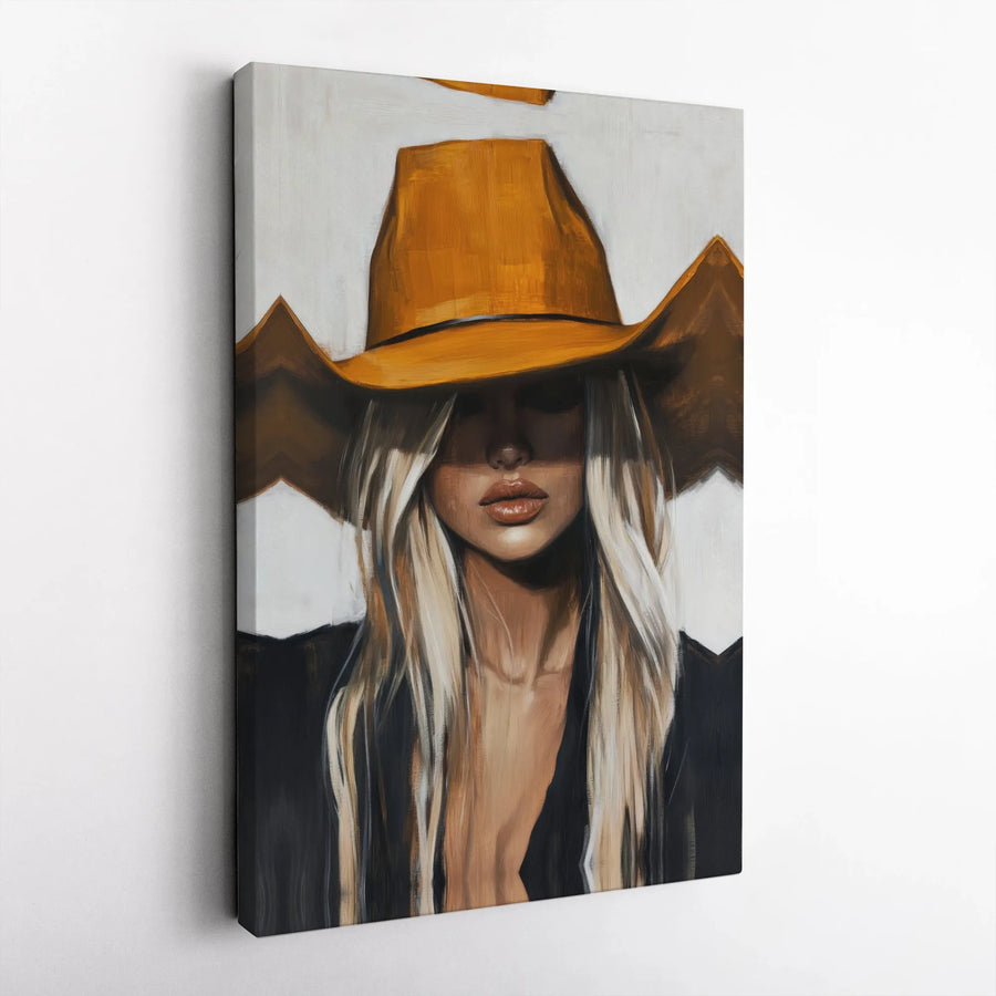 Modern Cowgirl Canvas Wall Art | Mysterious Blonde Woman in Orange Cowboy Hat | Premium Gallery Wrap Print | Modern Western Home Decor Gift